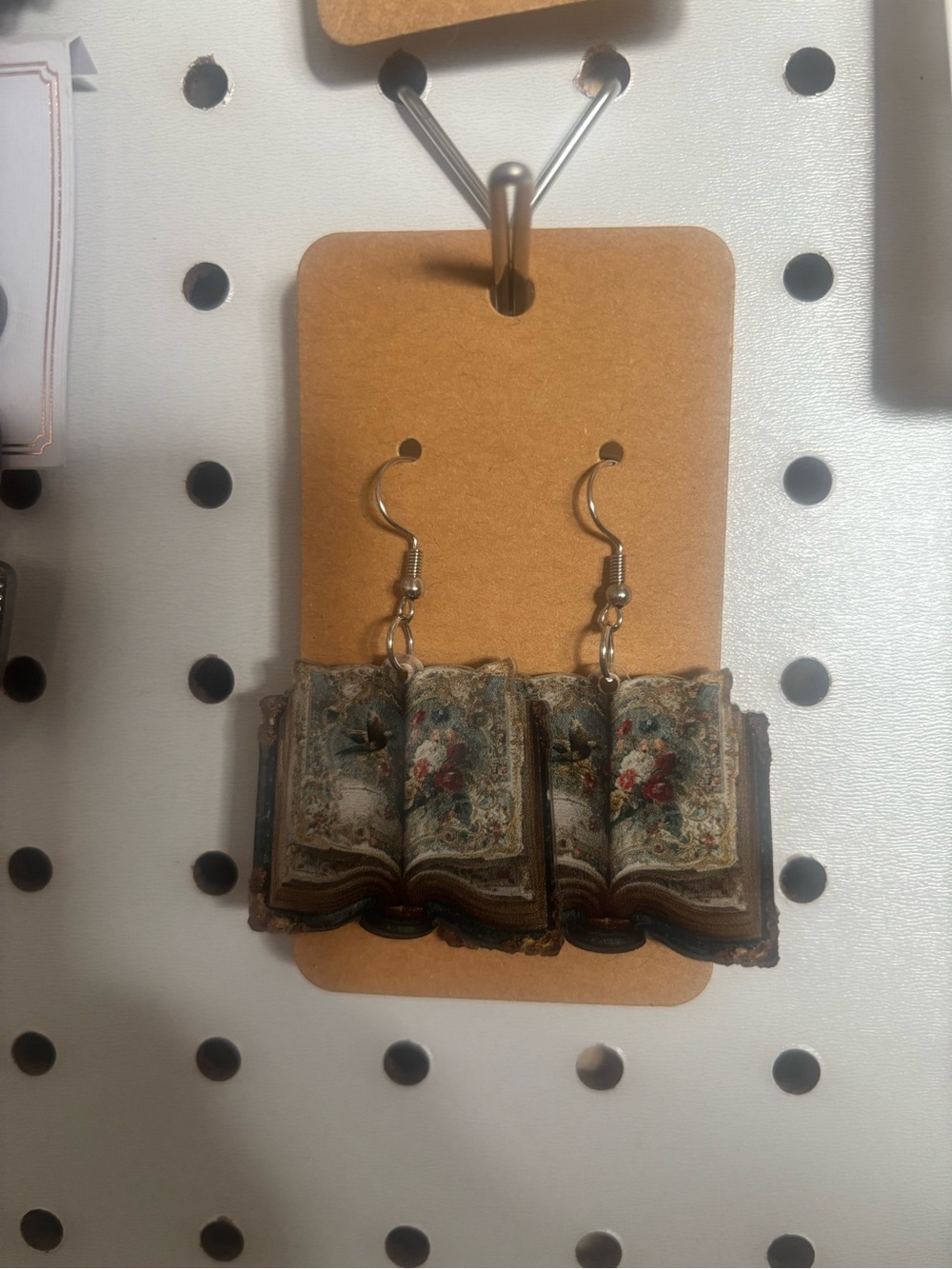 Miniature Vintage Book Drop Earrings in Brown and Cream